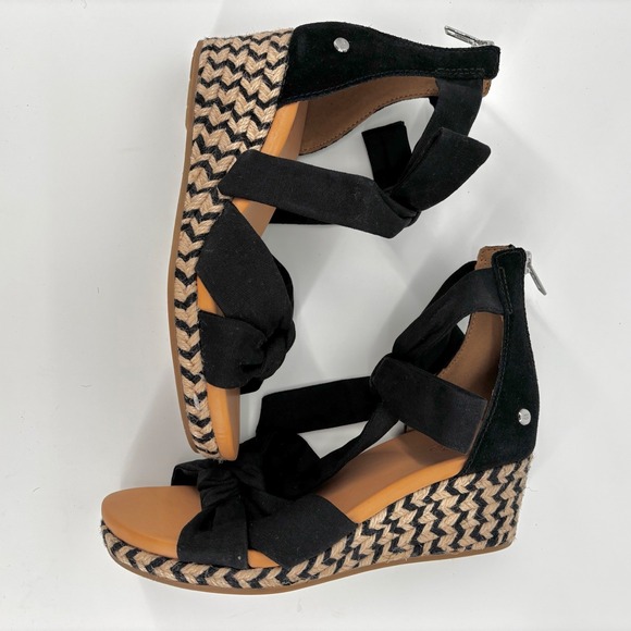 NWOT UGG Women's Yarrow Black Suede Espadrille Wedge Sandals Ankle Bow Straps - Picture 5 of 9